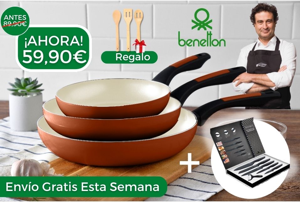 Pack completo de Cocina: Sartenes Benetton con set de cuchillos y utensilios de bambu