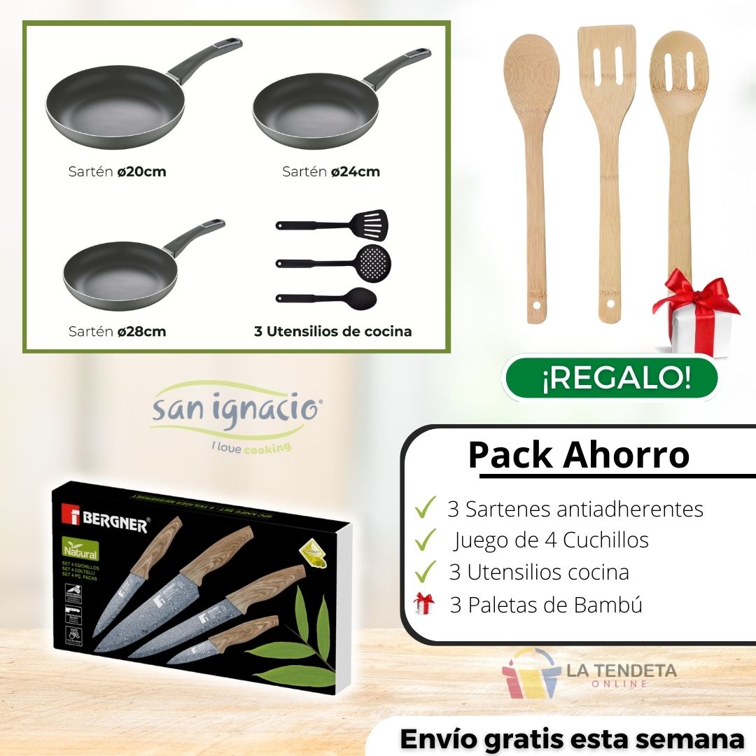 Pack completo: Sartenes San Ignacio + 4 Cuchillos + 6 utensilios
