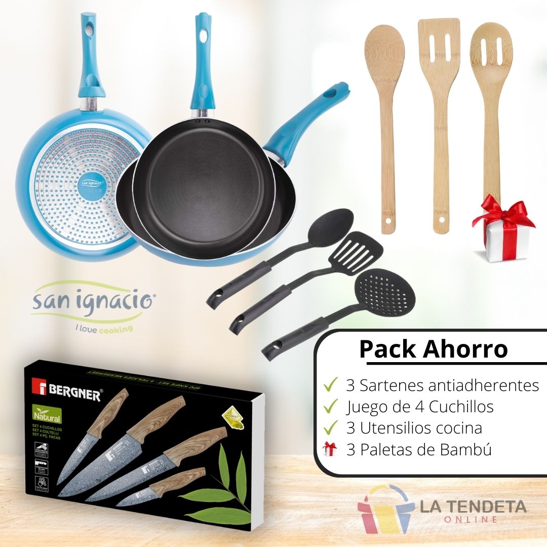 Pack completo: Sartenes San Ignacio + 4 Cuchillos + 6 utensilios